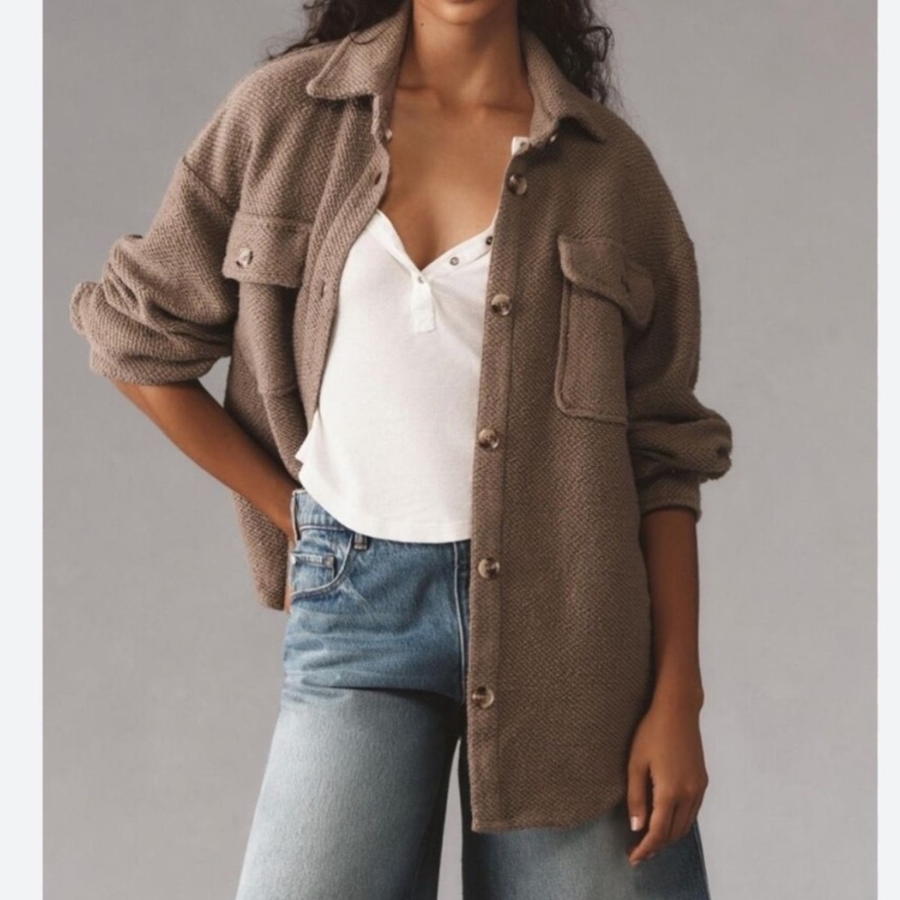 Anthropologie Knit Shacket Soft Brown Oversized Long Sleeve Button Down Size XS - Picture 1 of 13